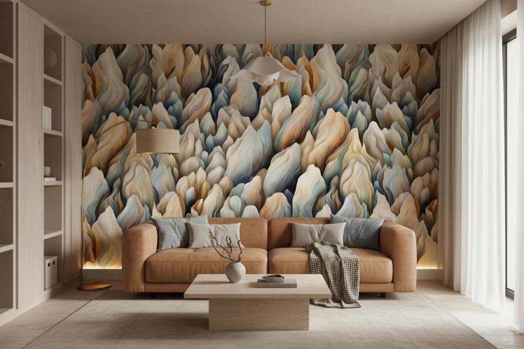 Papier Peint Abstrait Flammes Organiques Tons Naturels Beiges Bleus - Salon / Séjour