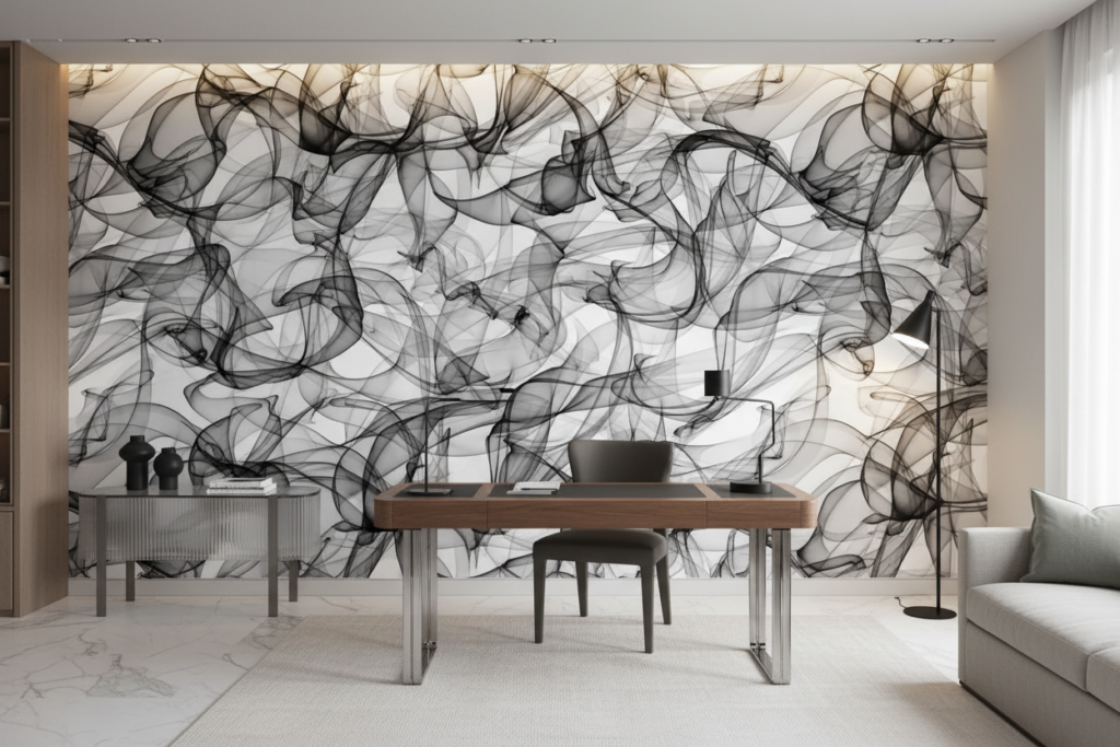 Papier peint abstrait fumée ondulante noir et blanc moderne - Bureau