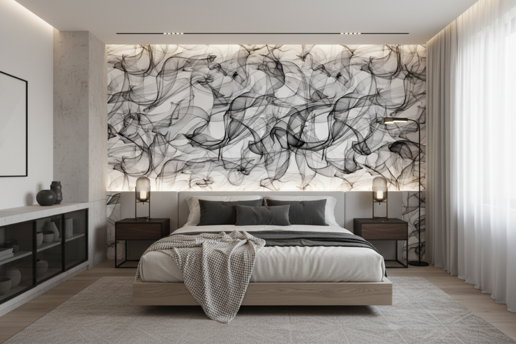 Papier peint abstrait fumée ondulante noir et blanc moderne - Chambre adulte