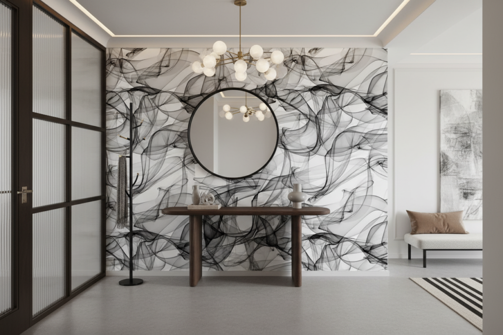Papier peint abstrait fumée ondulante noir et blanc moderne - Entrée