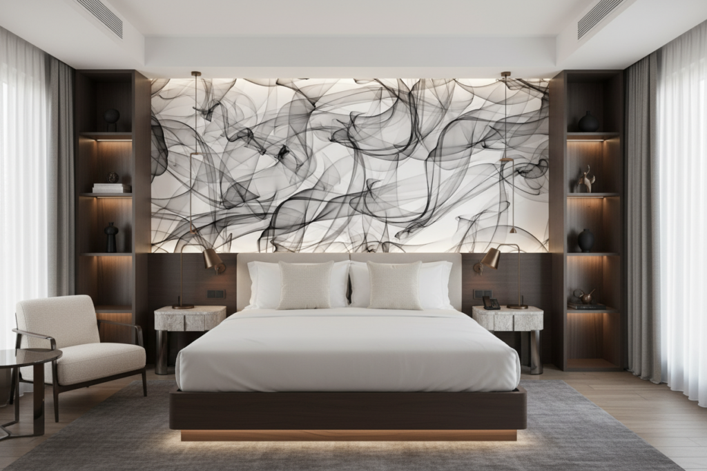 Papier peint abstrait fumée ondulante noir et blanc moderne - Hôtel