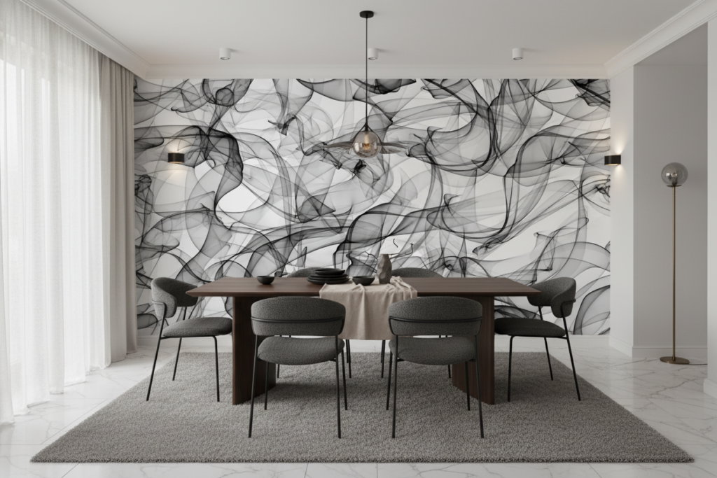 Papier peint abstrait fumée ondulante noir et blanc moderne - Salle à manger
