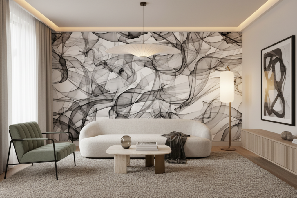 Papier peint abstrait fumée ondulante noir et blanc moderne - Salon / Séjour