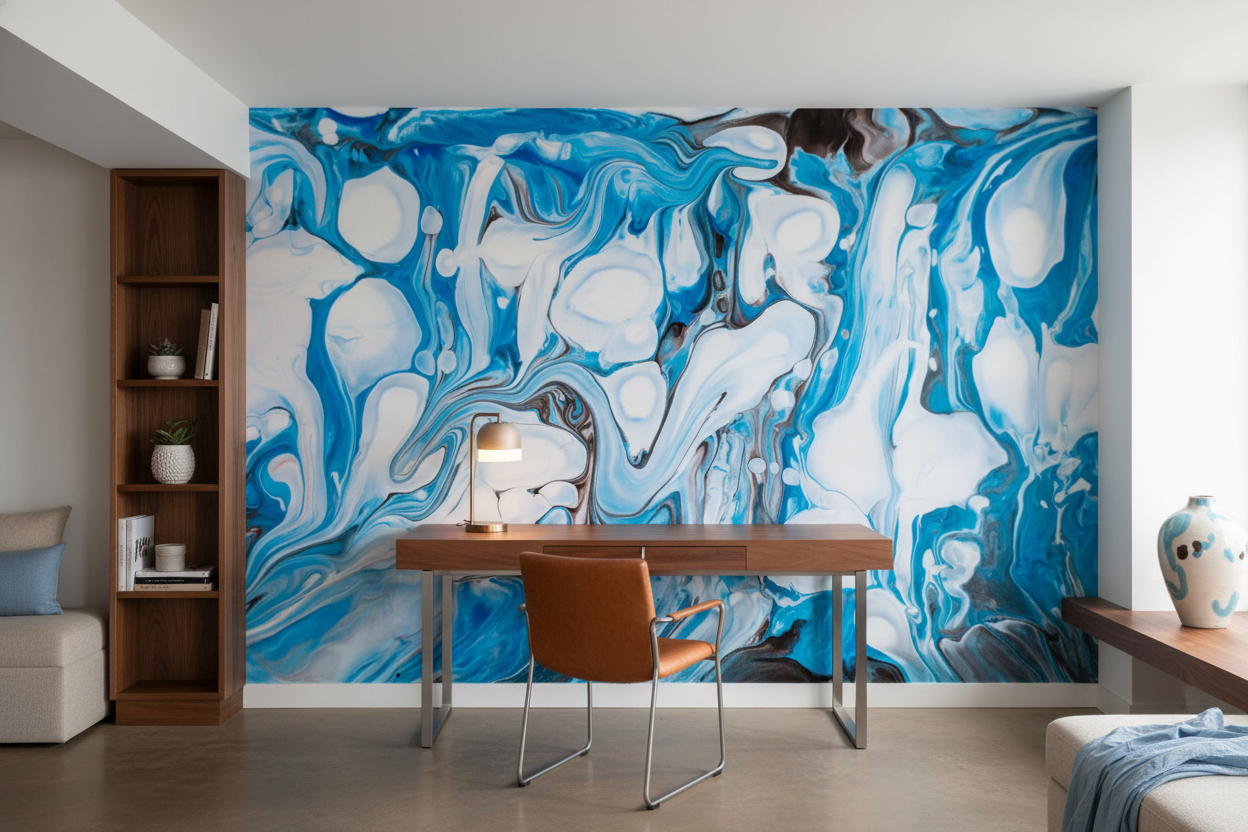 Papier Peint Abstrait Marbré Bleu et Blanc Fluide Moderne — Bureau