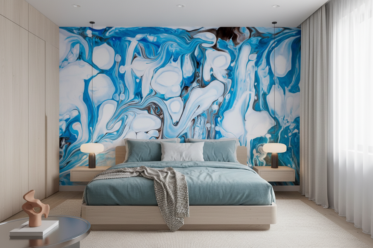 Papier Peint Abstrait Marbré Bleu et Blanc Fluide Moderne — Chambre adulte