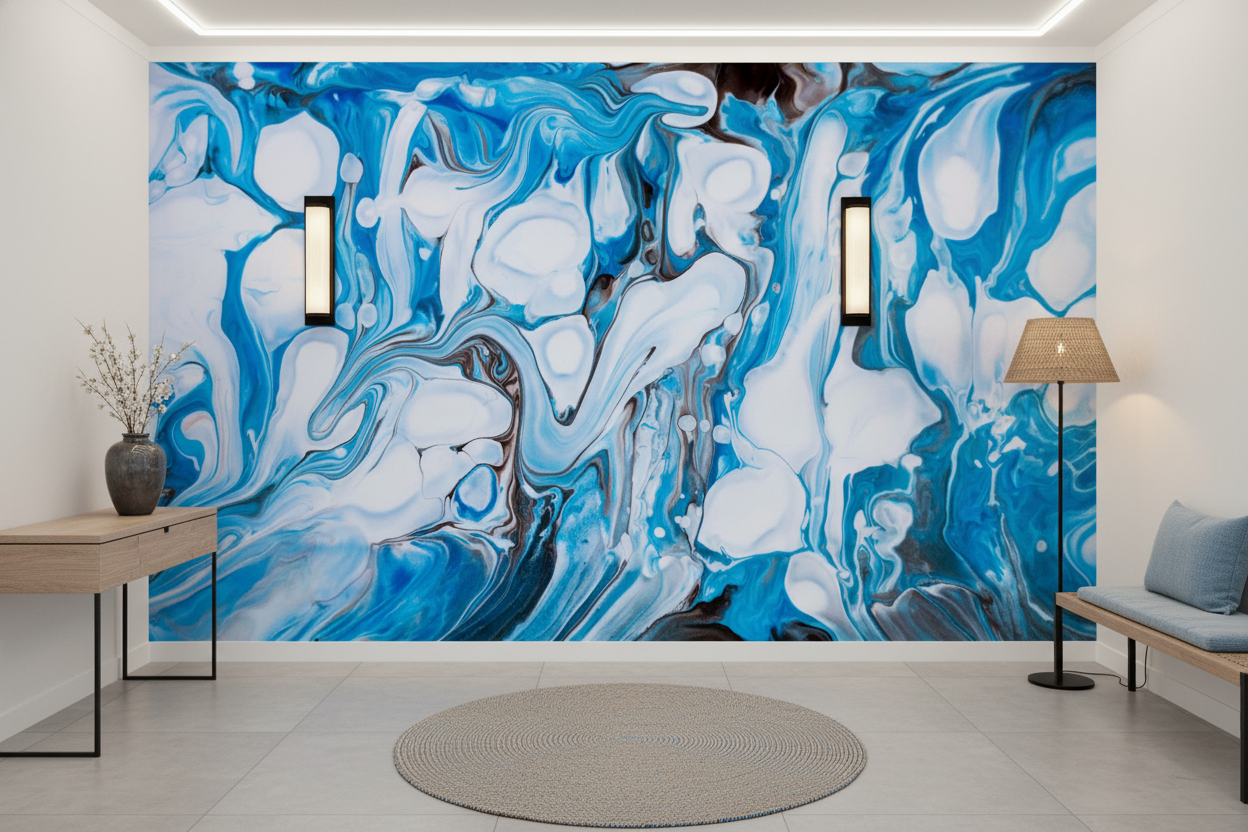 Papier Peint Abstrait Marbré Bleu et Blanc Fluide Moderne — Entrée