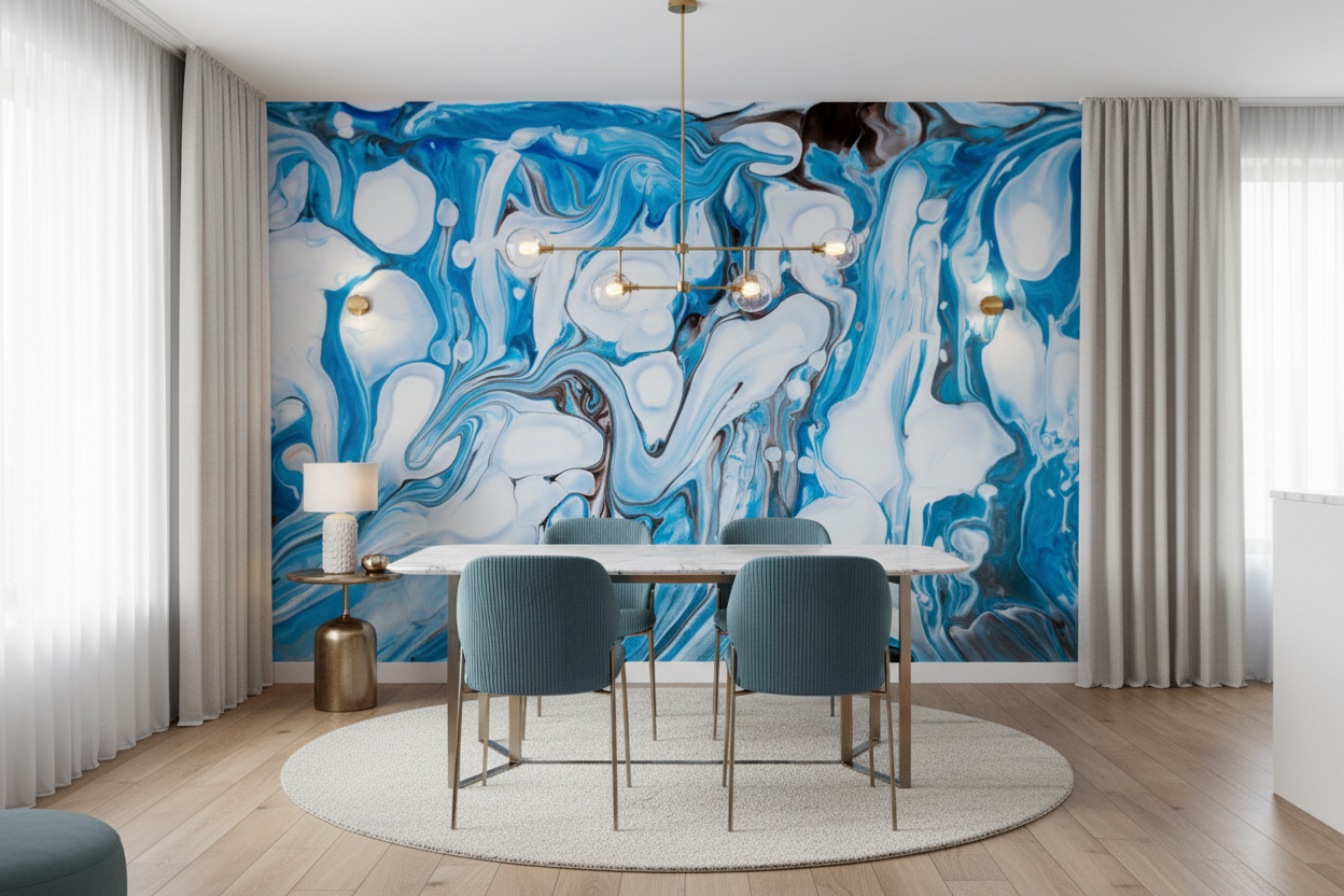 Papier Peint Abstrait Marbré Bleu et Blanc Fluide Moderne — Salle à manger