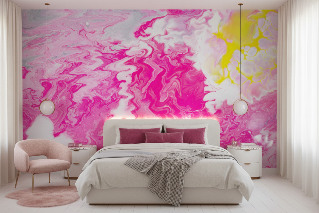 Papier peint abstrait marbré rose fuchsia et jaune fluide - Chambre ado