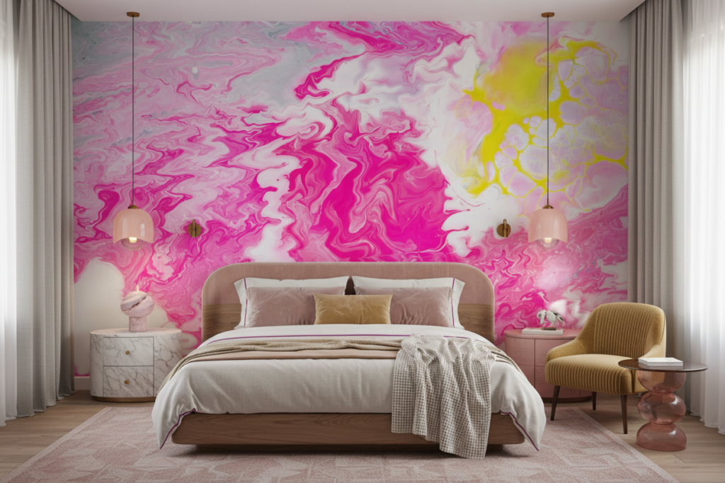 Papier peint abstrait marbré rose fuchsia et jaune fluide - Chambre adulte