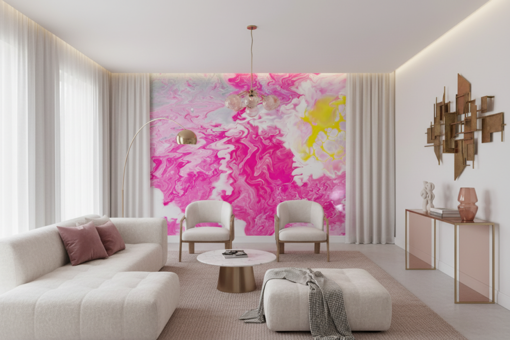 Papier peint abstrait marbré rose fuchsia et jaune fluide - Salon / Séjour
