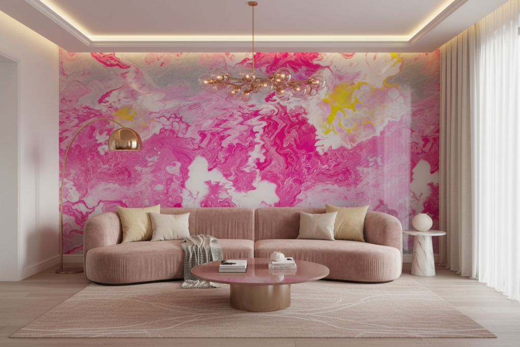 Papier peint abstrait marbré rose fuchsia et jaune fluide - Salon / Séjour