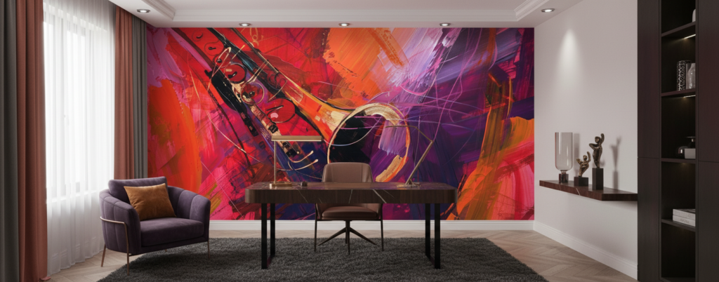 Papier peint abstrait musical instruments violon rouge violet dynamique - Bureau