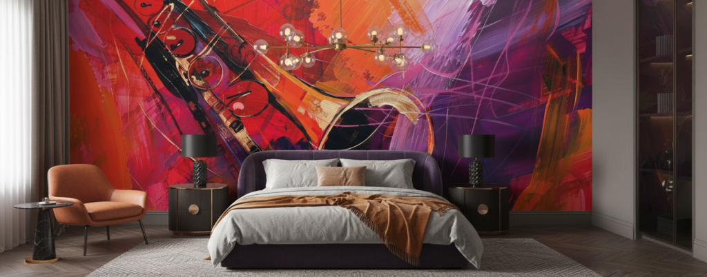 Papier peint abstrait musical instruments violon rouge violet dynamique - Chambre adulte