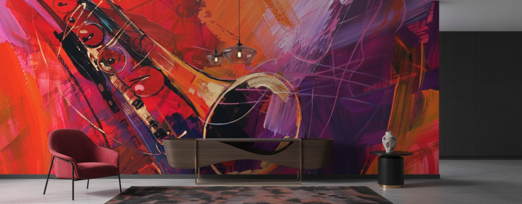 Papier peint abstrait musical instruments violon rouge violet dynamique - Entrée