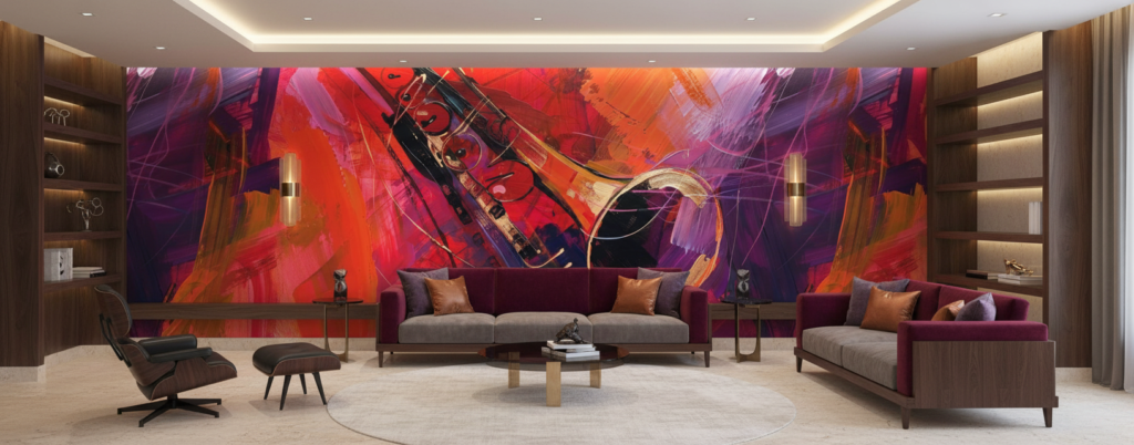 Papier peint abstrait musical instruments violon rouge violet dynamique - Hôtel