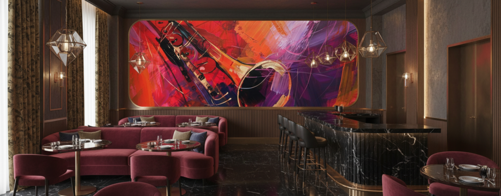 Papier peint abstrait musical instruments violon rouge violet dynamique - Restaurant