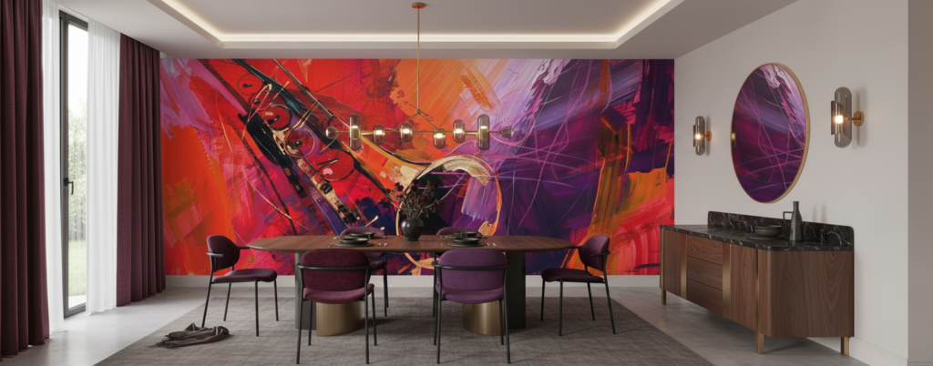 Papier peint abstrait musical instruments violon rouge violet dynamique - Salle à manger