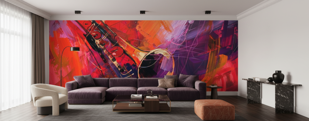 Papier peint abstrait musical instruments violon rouge violet dynamique - Salon / Séjour