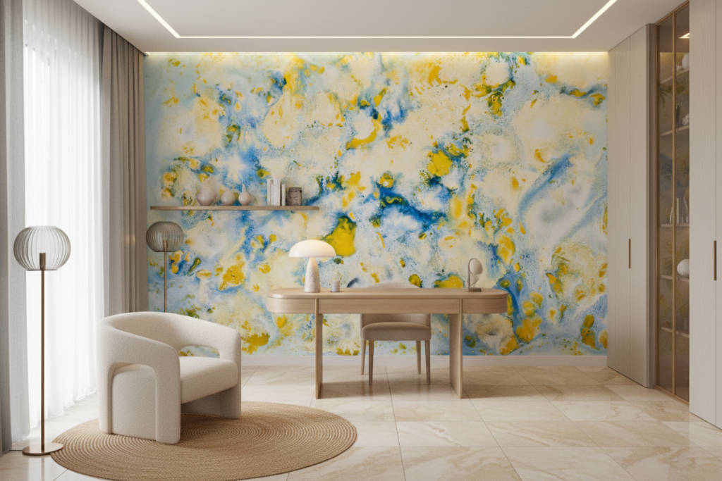 Papier Peint Abstrait Nuages Bleus et Jaunes Artistique - Bureau