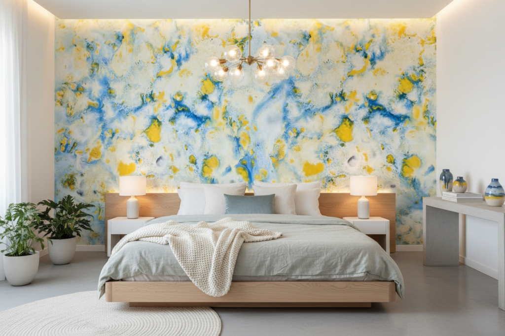 Papier Peint Abstrait Nuages Bleus et Jaunes Artistique - Chambre adulte