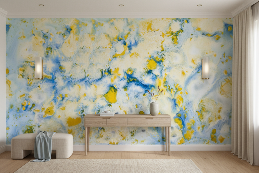 Papier Peint Abstrait Nuages Bleus et Jaunes Artistique - Entrée