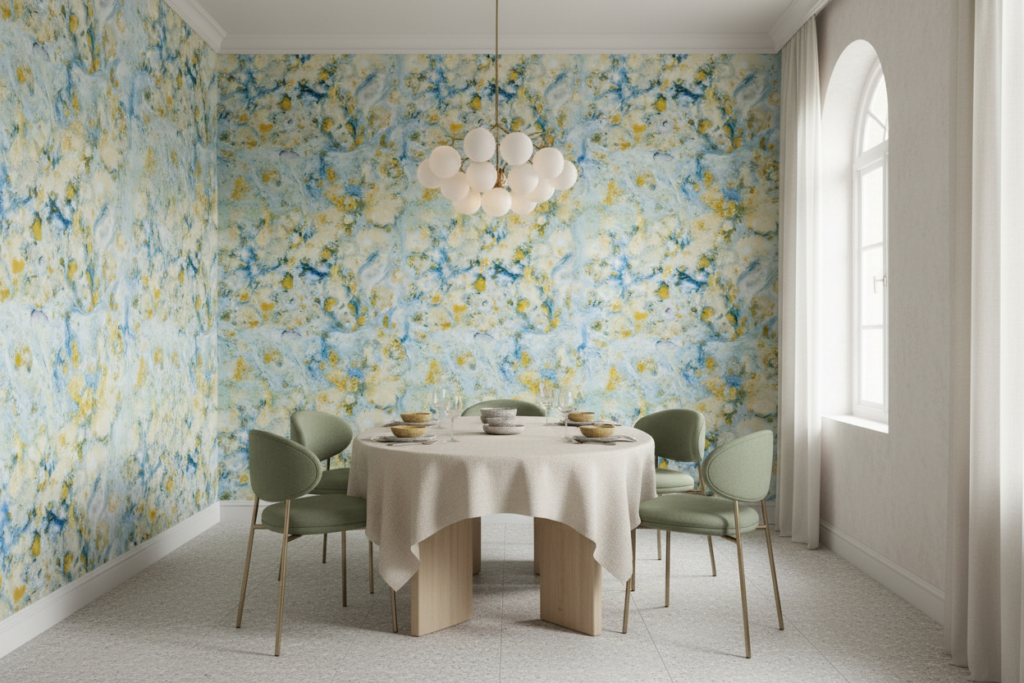 Papier Peint Abstrait Nuages Bleus et Jaunes Artistique - Salle à manger