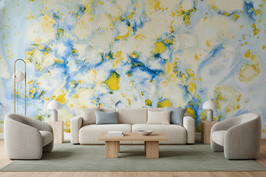 Papier Peint Abstrait Nuages Bleus et Jaunes Artistique - Salon / Séjour