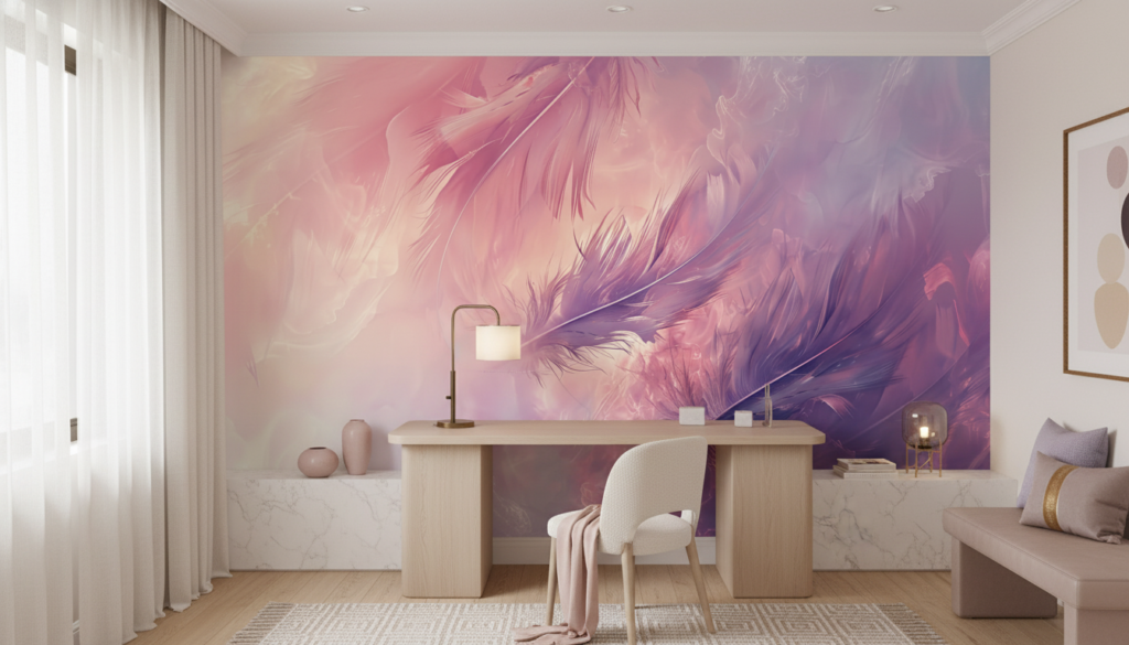 Papier peint abstrait plumes dégradé rose violet lumineux artistique - Bureau