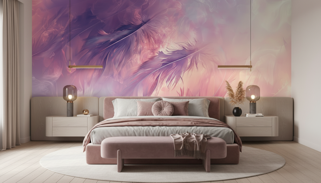 Papier peint abstrait plumes dégradé rose violet lumineux artistique - Chambre adulte