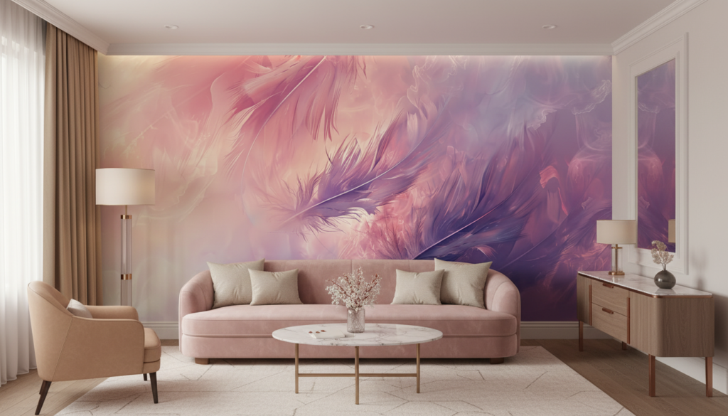 Papier peint abstrait plumes dégradé rose violet lumineux artistique - Hôtel