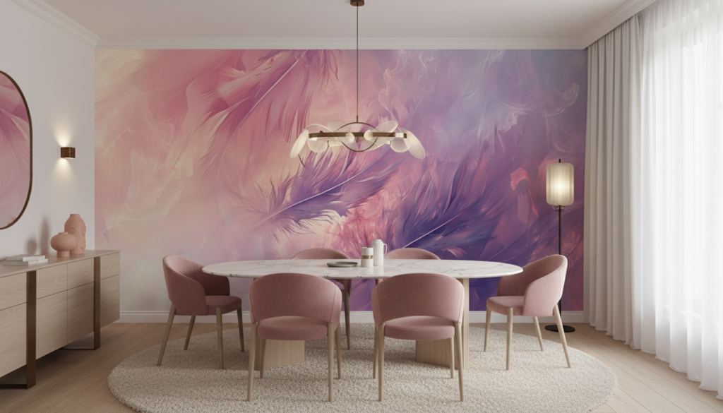 Papier peint abstrait plumes dégradé rose violet lumineux artistique - Salle à manger
