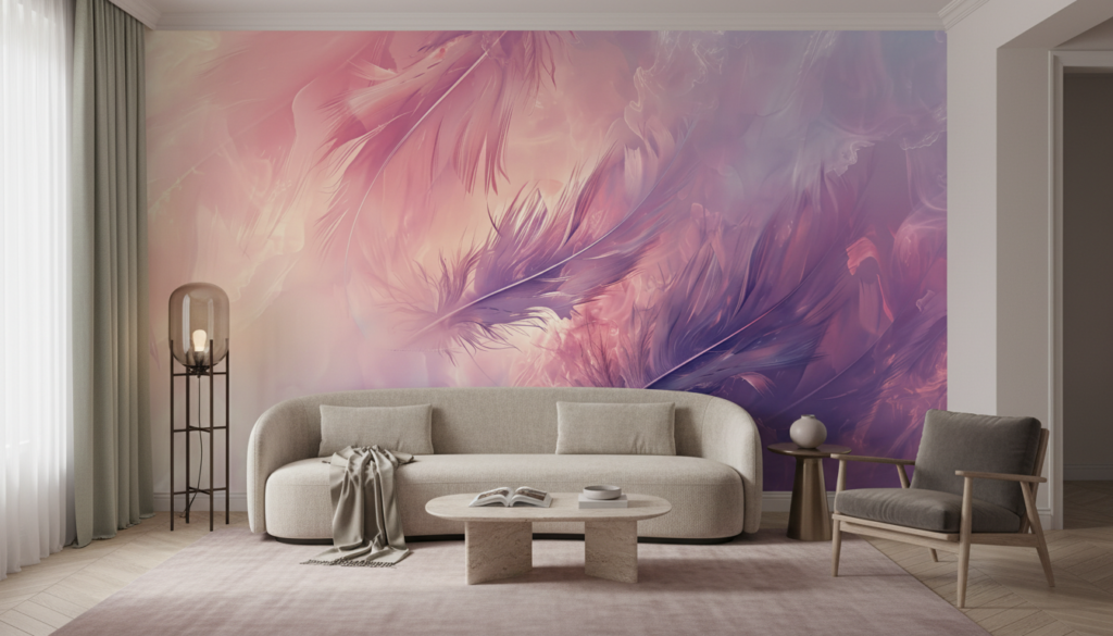 Papier peint abstrait plumes dégradé rose violet lumineux artistique - Salon / Séjour