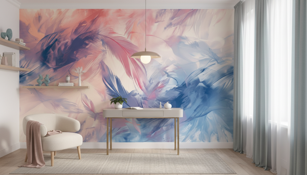 Papier Peint Abstrait Plumes Pastel Rose Bleu Moderne - Bureau