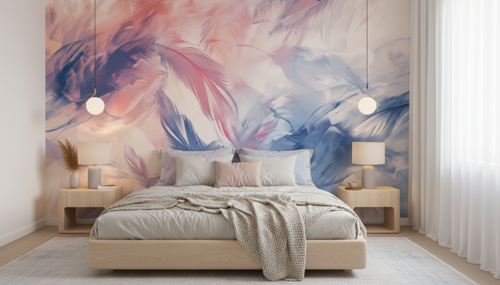 Papier Peint Abstrait Plumes Pastel Rose Bleu Moderne - Chambre adulte