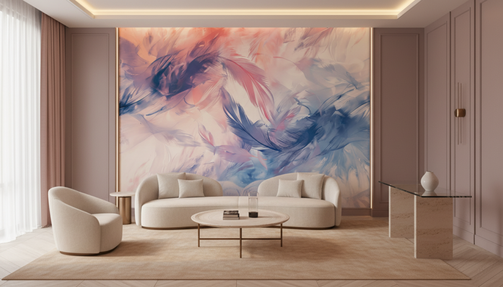 Papier Peint Abstrait Plumes Pastel Rose Bleu Moderne - Hôtel