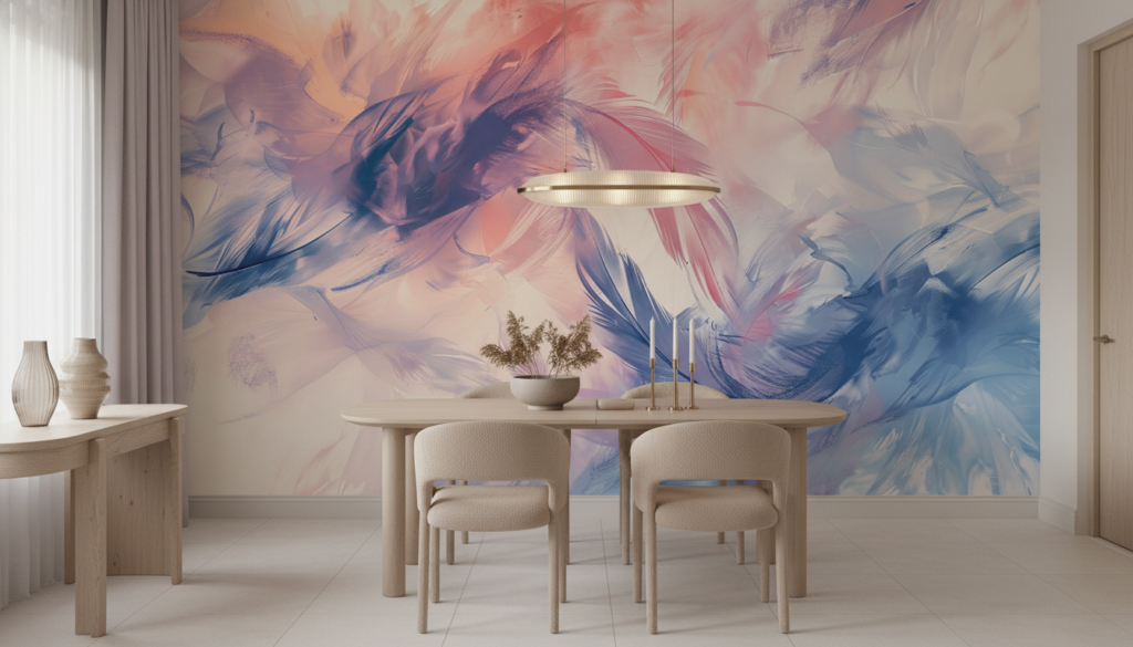 Papier Peint Abstrait Plumes Pastel Rose Bleu Moderne - Salle à manger