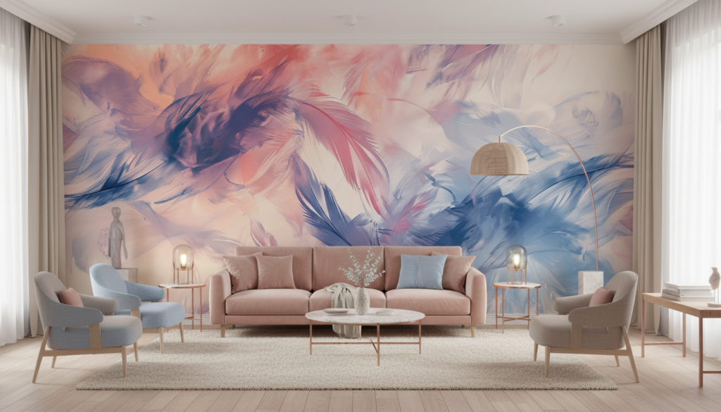 Papier Peint Abstrait Plumes Pastel Rose Bleu Moderne - Salon / Séjour