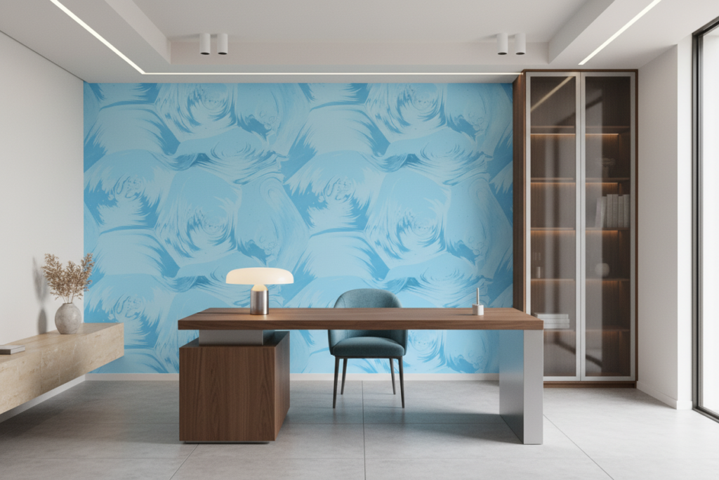 Papier Peint Abstrait Tourbillons Bleu Azur Style Contemporain - Bureau