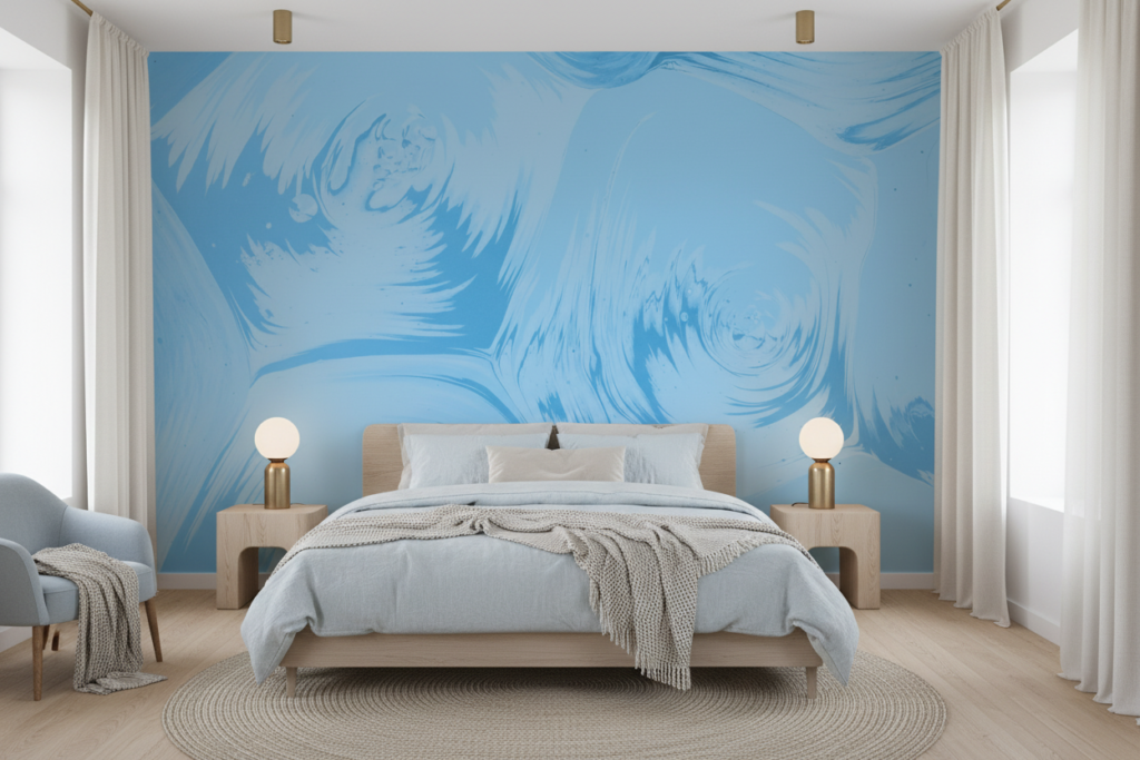 Papier Peint Abstrait Tourbillons Bleu Azur Style Contemporain - Chambre adulte
