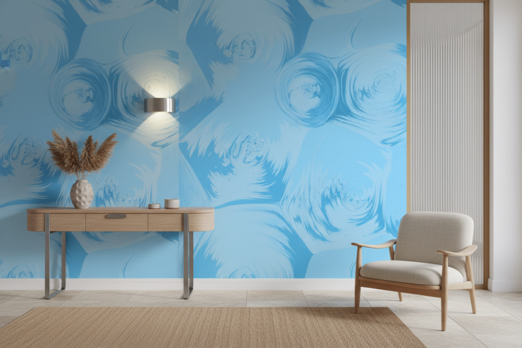 Papier Peint Abstrait Tourbillons Bleu Azur Style Contemporain - Entrée