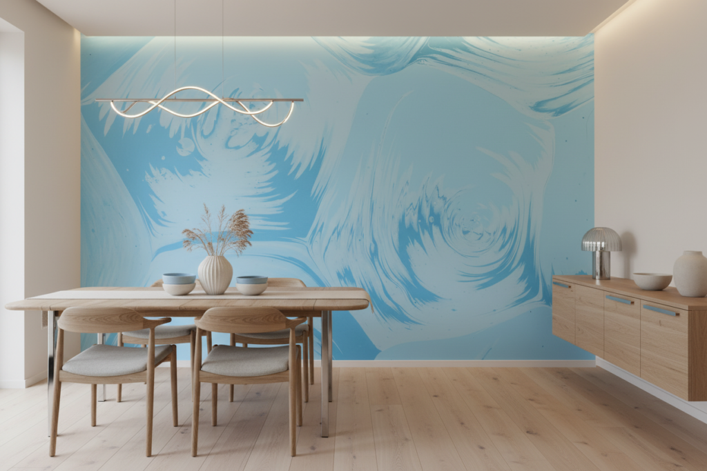 Papier Peint Abstrait Tourbillons Bleu Azur Style Contemporain - Salle à manger