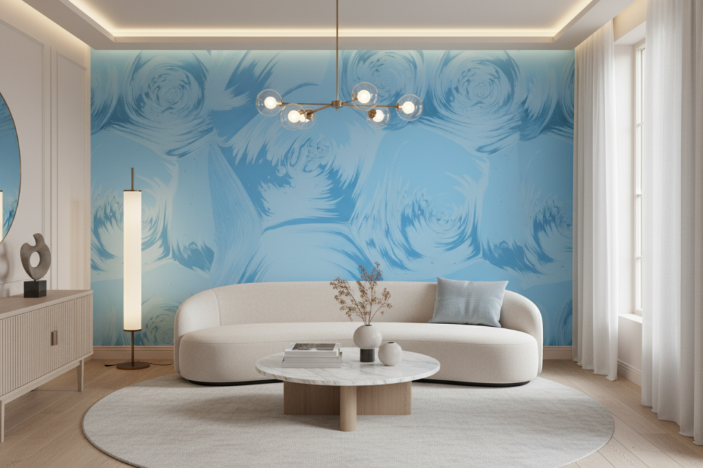 Papier Peint Abstrait Tourbillons Bleu Azur Style Contemporain - Salon / Séjour