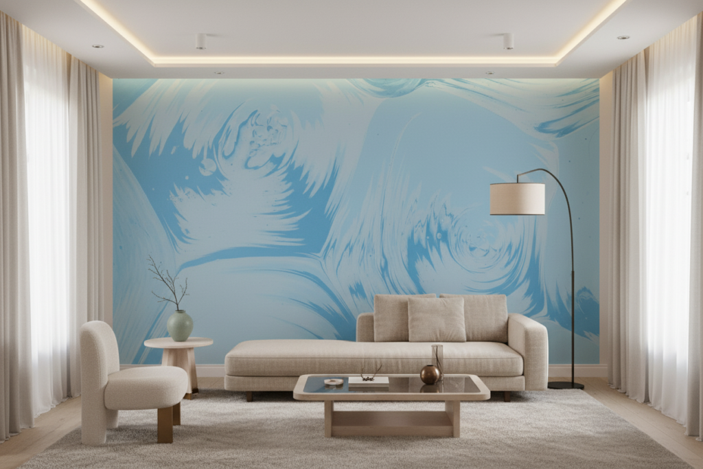 Papier Peint Abstrait Tourbillons Bleu Azur Style Contemporain - Salon / Séjour