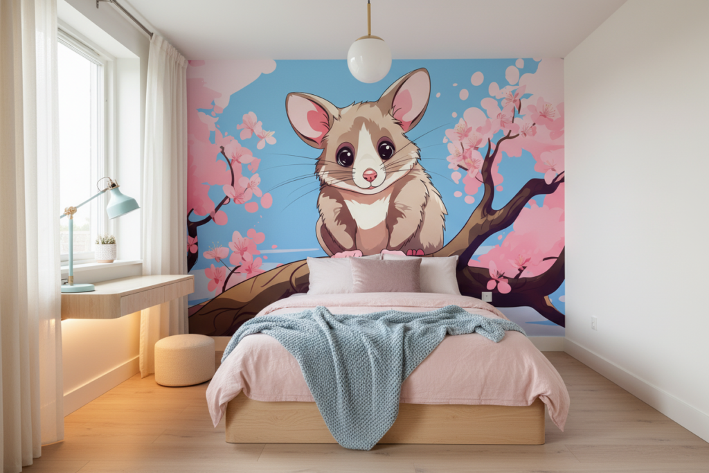 Papier Peint Adorable Opossum sur Branche Fleurie Rose et Bleue - Chambre ado