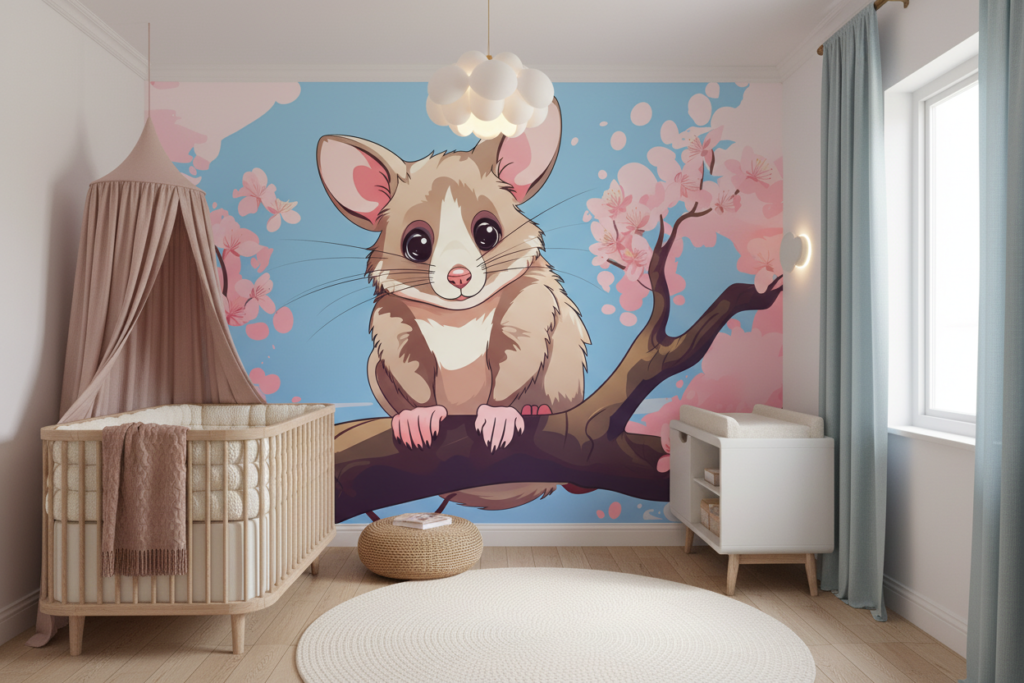 Papier Peint Adorable Opossum sur Branche Fleurie Rose et Bleue - Chambre bébé