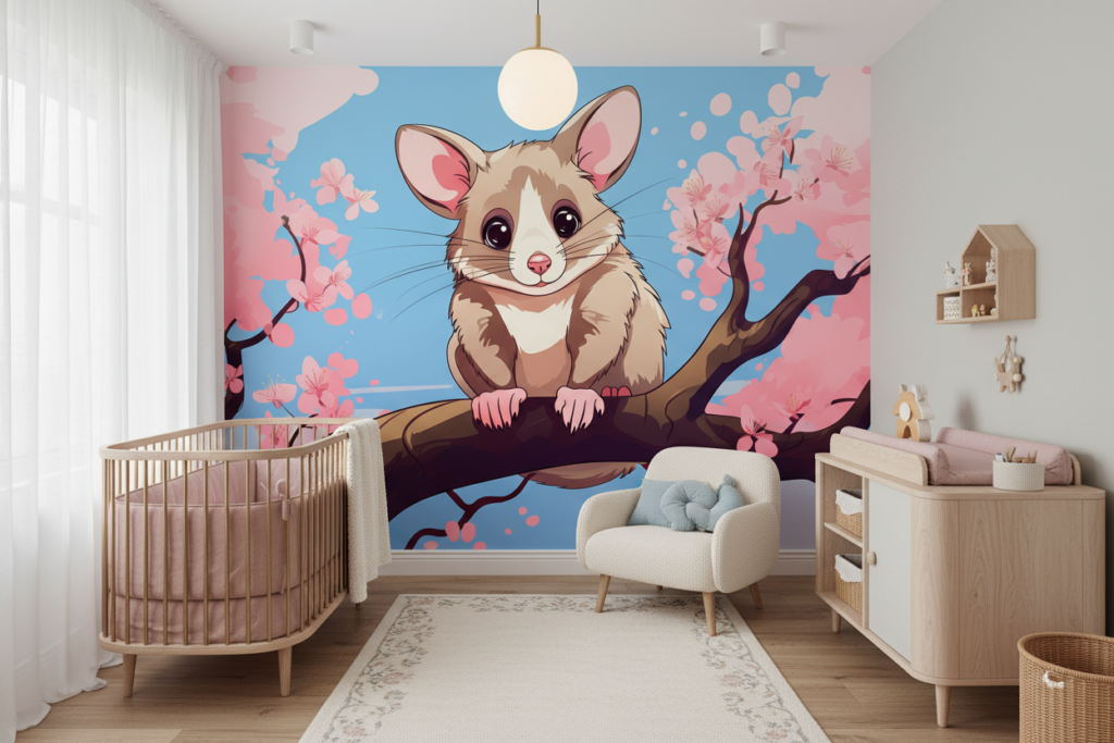 Papier Peint Adorable Opossum sur Branche Fleurie Rose et Bleue - Chambre enfant