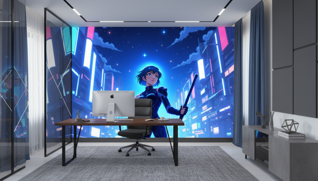 Papier Peint Anime Cyberpunk Ville Futuriste Nuit Étoilée Néon - Bureau