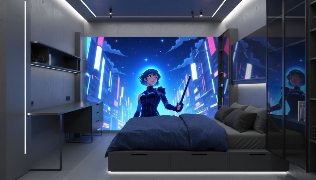 Papier Peint Anime Cyberpunk Ville Futuriste Nuit Étoilée Néon - Chambre ado