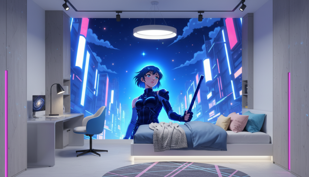 Papier Peint Anime Cyberpunk Ville Futuriste Nuit Étoilée Néon - Chambre enfant