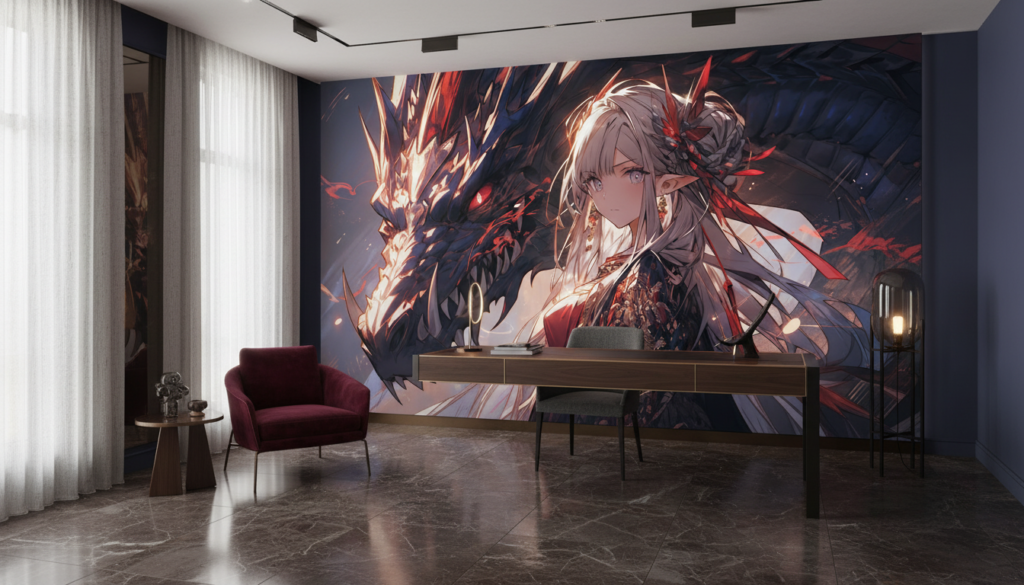 Papier Peint Anime Dragon Girl Fantasy Rouge Noir - Bureau